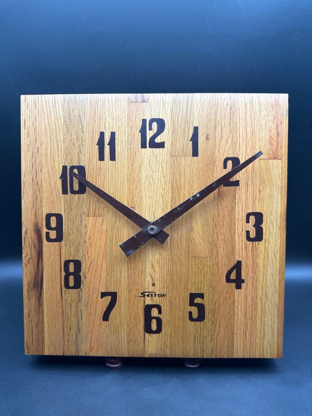 Vintage 1970s Sexton Butcher Block Wood Wall Clock USA tested WORKS USA 11” MCM